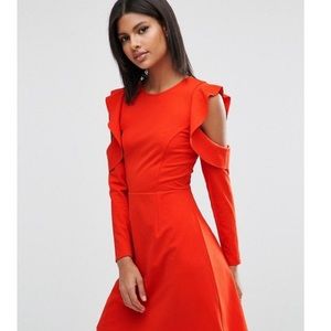 TALL Red Dress with Ruffles and Cold Shoulder